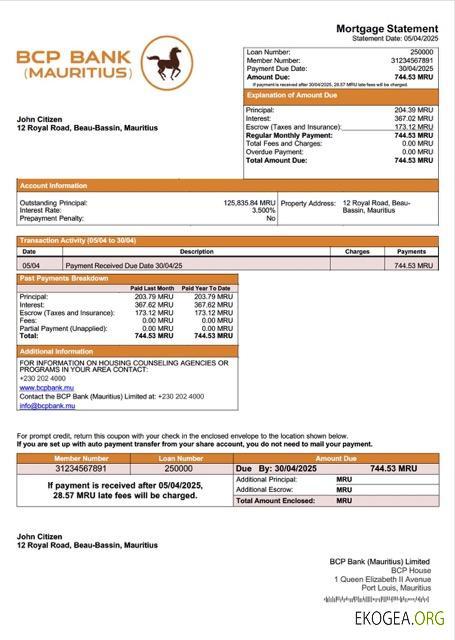 Mauritius BCP Bank (Mauritius) Limited Relevé hypothécaire Modèle Word et PDF